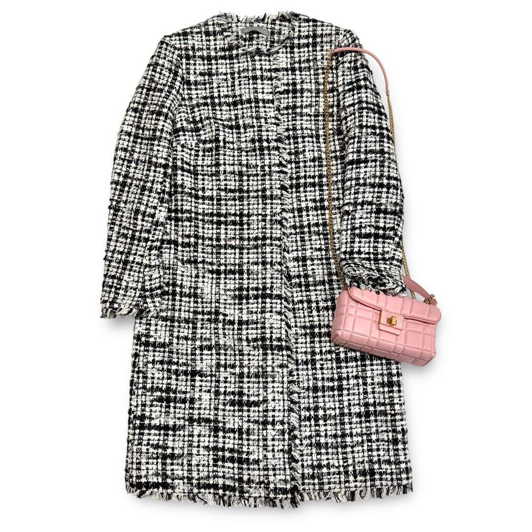 K*U様 セオリーリュクス　ミックスラメツイード　ノーカラーコート　白×黒　38 極美品✨セオリーリュクス ミックスラメツイード ノーカラーコート 白
