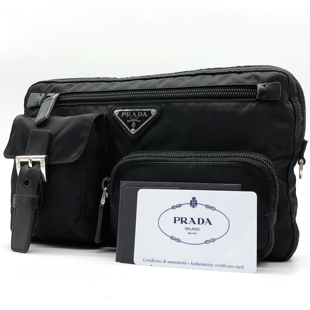 ✨極美品・ギャランティ付✨プラダ ウエストバッグ 三角ロゴ ナイロン レザー 黒
