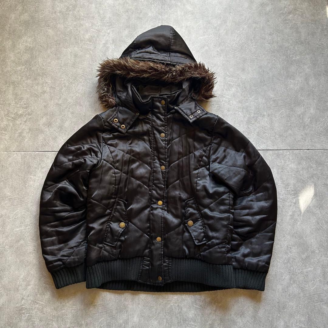 ジャケット・アウター grunge hood fur down jacket y2k black 平成ギャル ファー付きミリタリージャケット ボア ジップギミック y2k