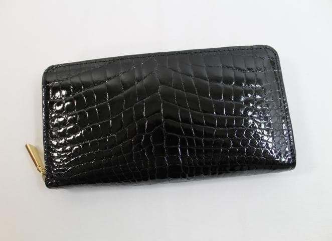 【専用】クロコダイル 財布 本物 シャイニング加工 ラウンド ブラック 黒 一枚革 本革 シャイニングクロコ レザー 長財布 ラウンドファスナー