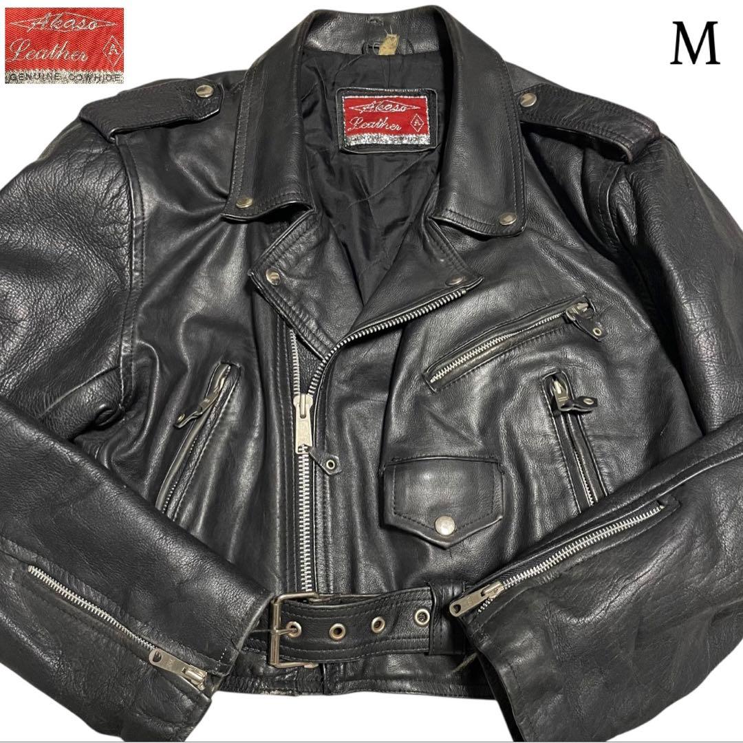 vintage】牛革 本革 カウハイドダブルライダースジャケット ブラック M