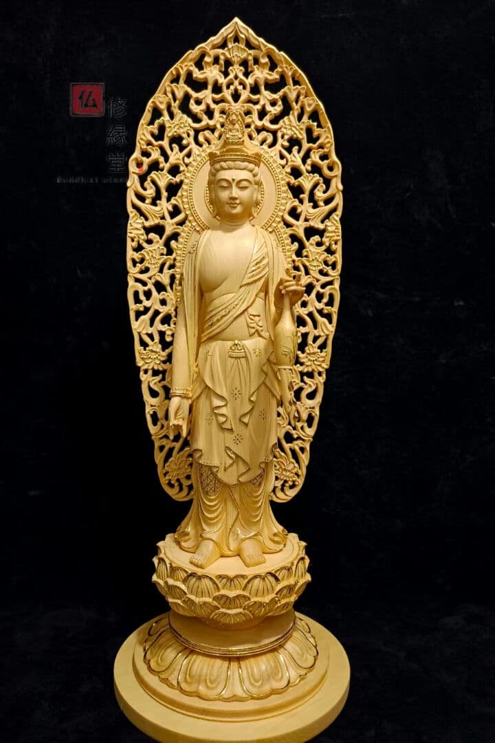 修縁堂】高品質 木彫仏像 阿弥陀三尊立像 彫刻 本金 切金 一刀彫 天然