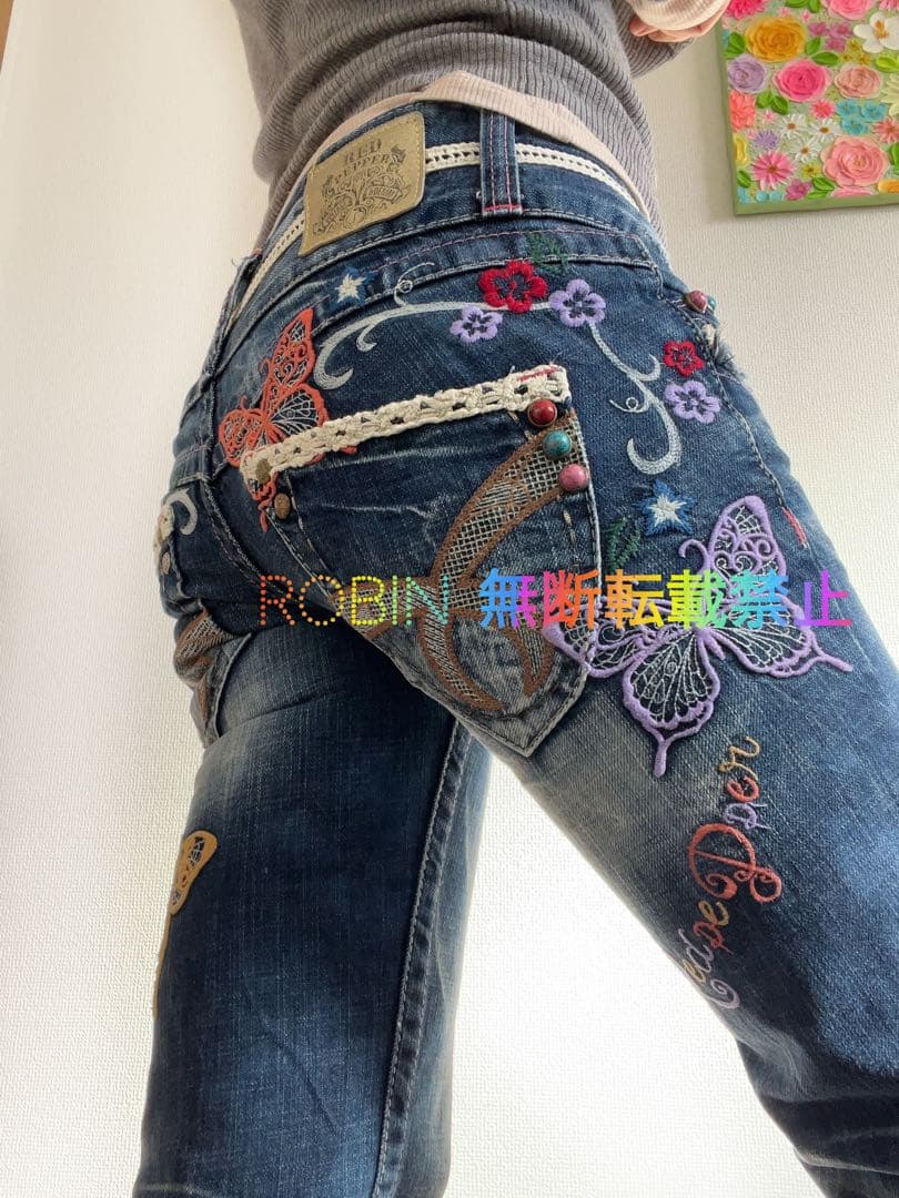 激レア　Y2K red pepper バタフライ刺繍　部分レース　フレアデニム