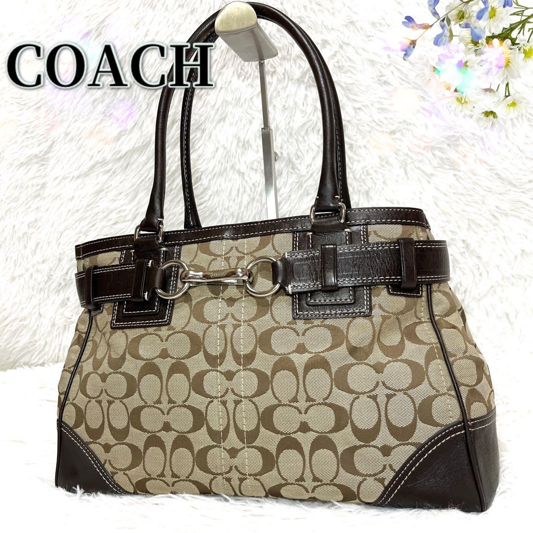 良品 COACH シグネチャー キャンバス ハンドバッグ ブラウン 金具