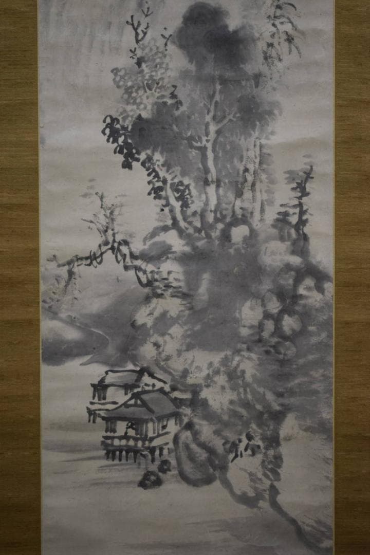 真作/谷文晁/山水遊居図/寺崎広業の桐極箱付/布袋屋掛軸HH-944