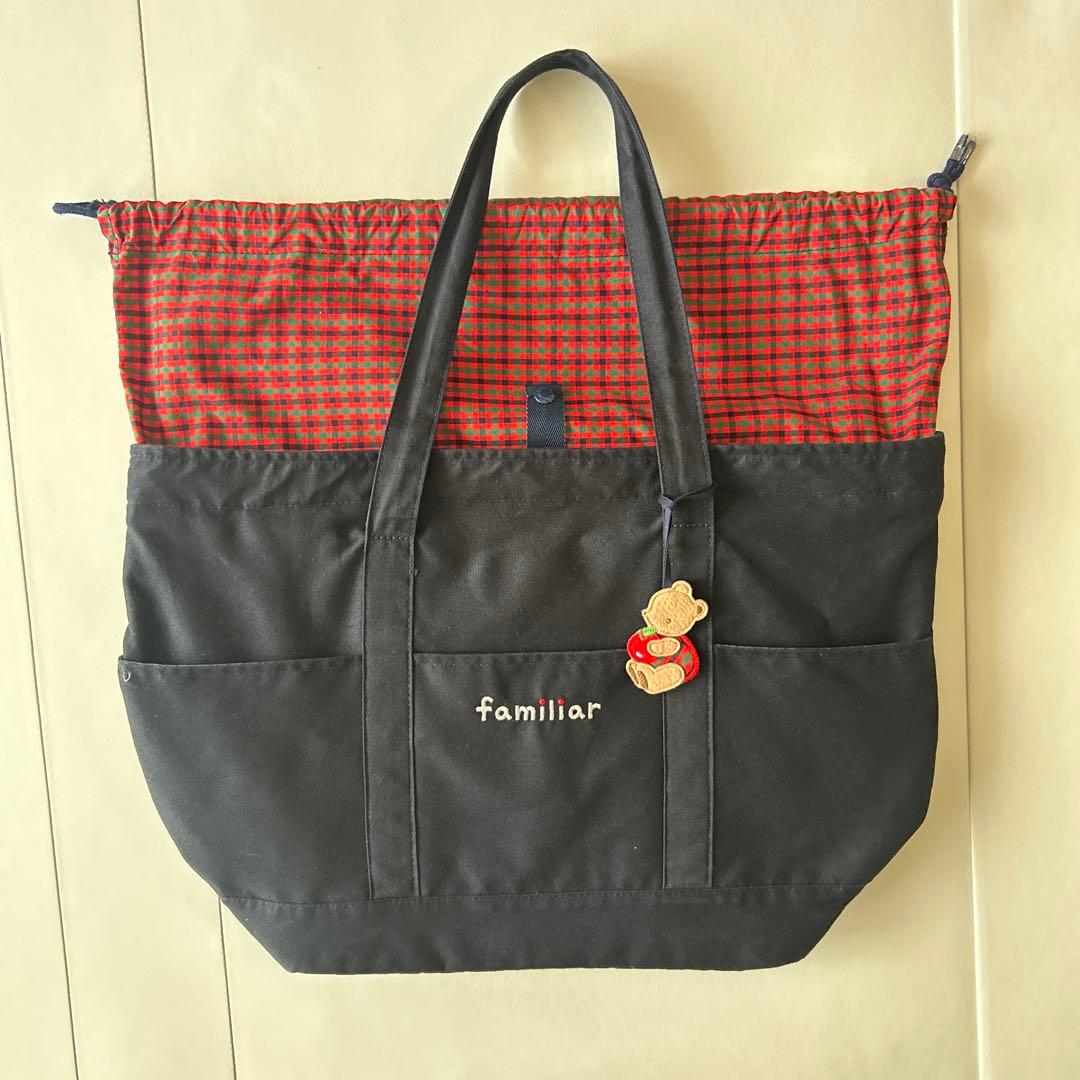 familiar トートバッグ 黒 赤チェック ファミリア風赤チェックトートバッグ - メルカリ
