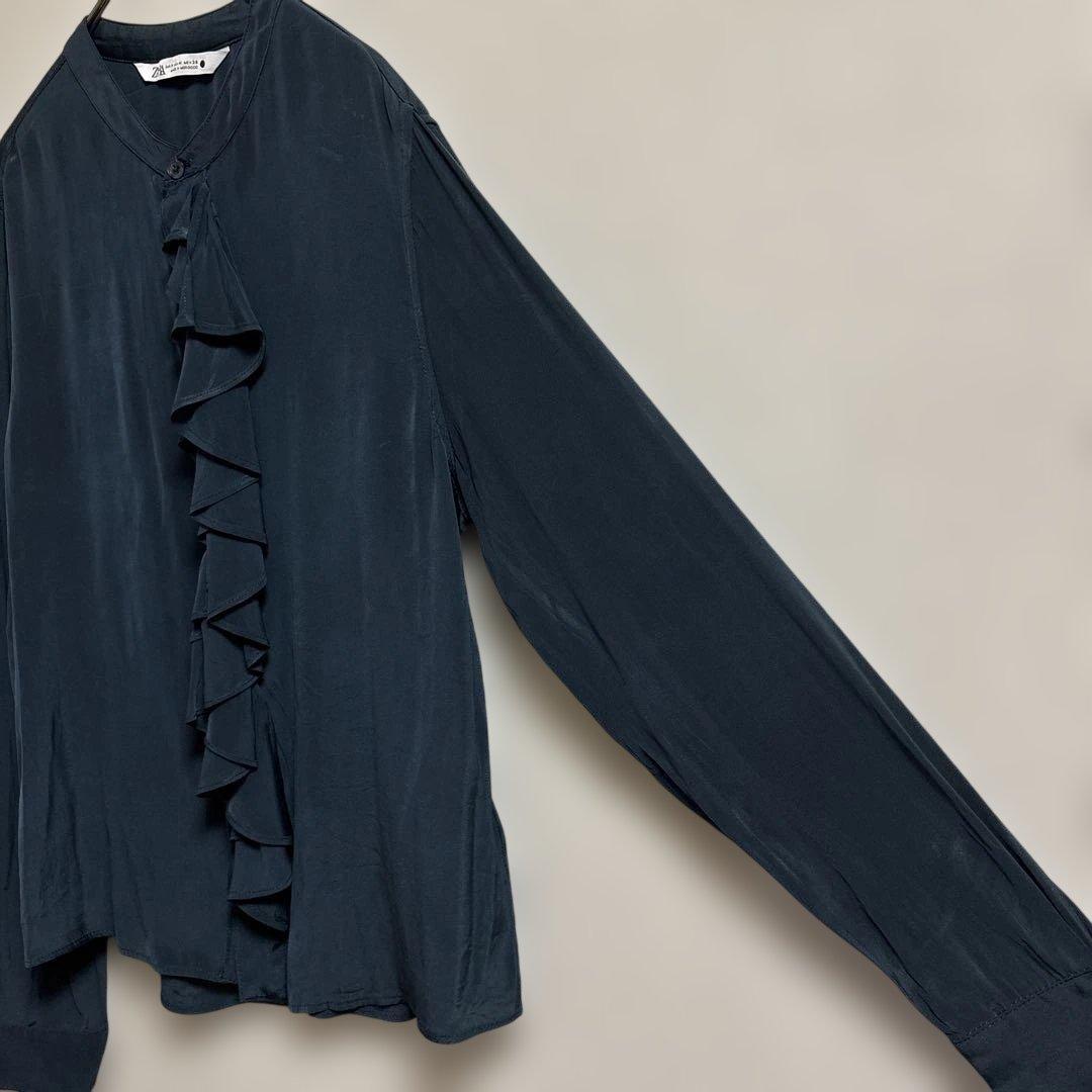 ZARA ザラ 訳あり ダークブルー フリル付き シャツ ブラウス 長袖 M