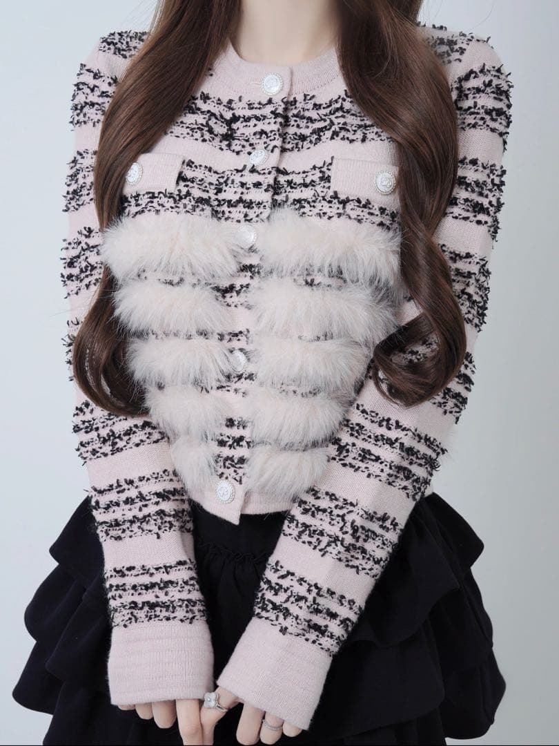 lumignon tweed-like fur knitブラック×ピンク