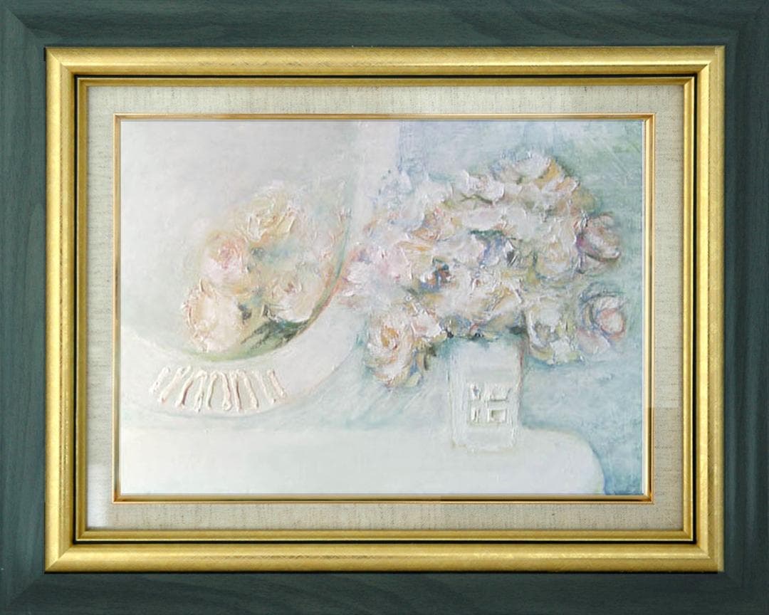 油絵 菅家令子 絵 絵画インテリア額付(青緑＋金色の枠) uF6-114002花