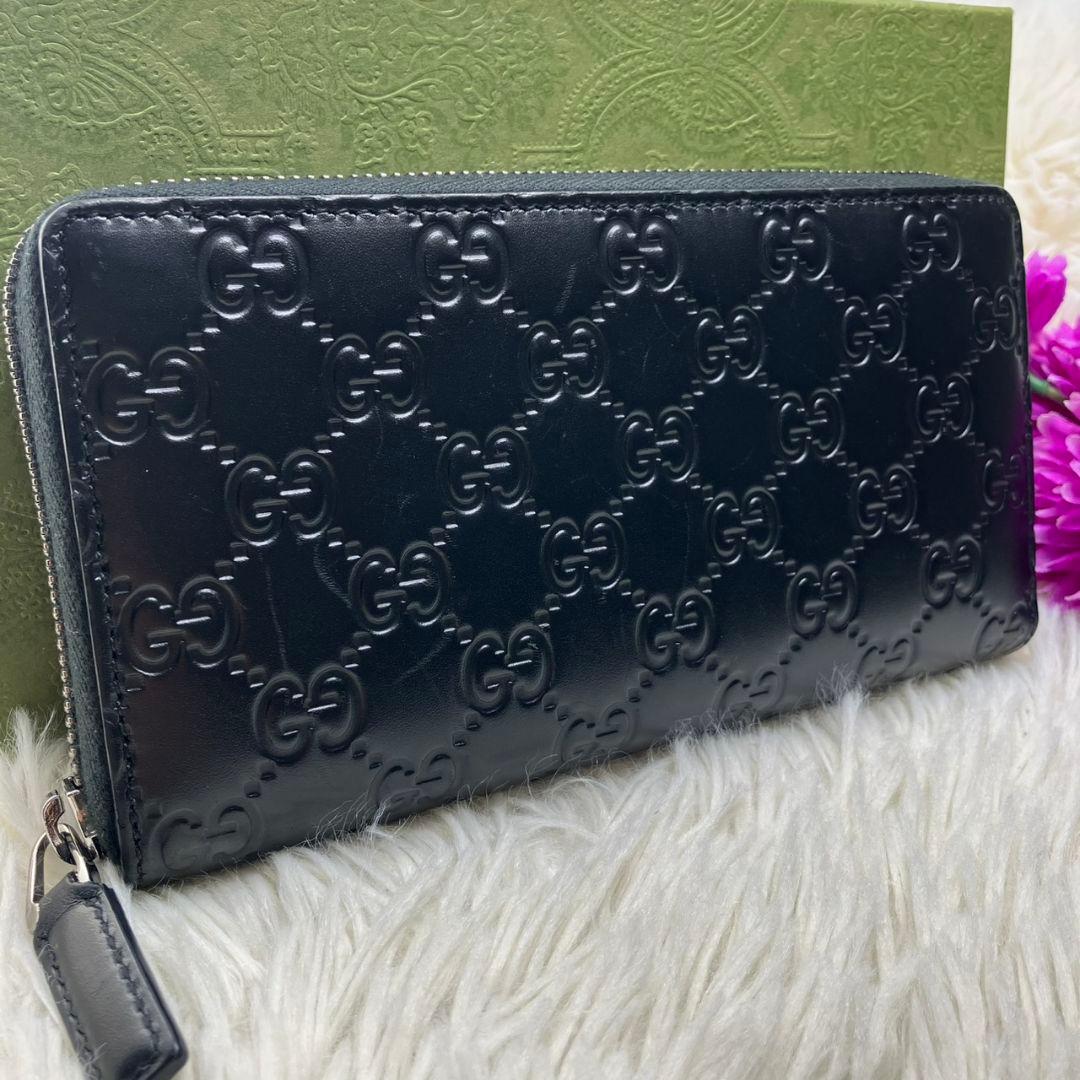 極美品⭐︎グッチ　長財布　ラウンドファスナー　GG柄　シマ　レザー　ブラック　黒