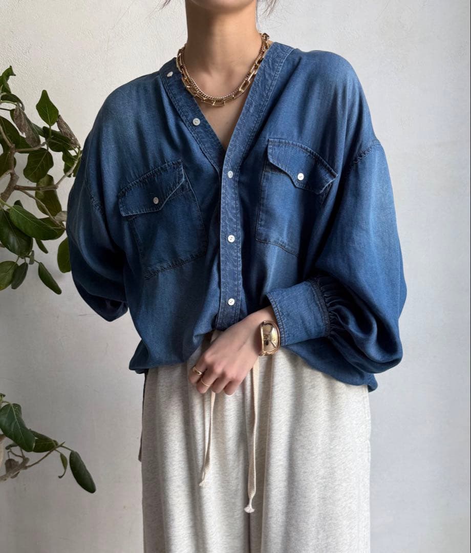 DOUDOU ドゥドゥ デニムVVシャツ Vネックシャツ デニムシャツ