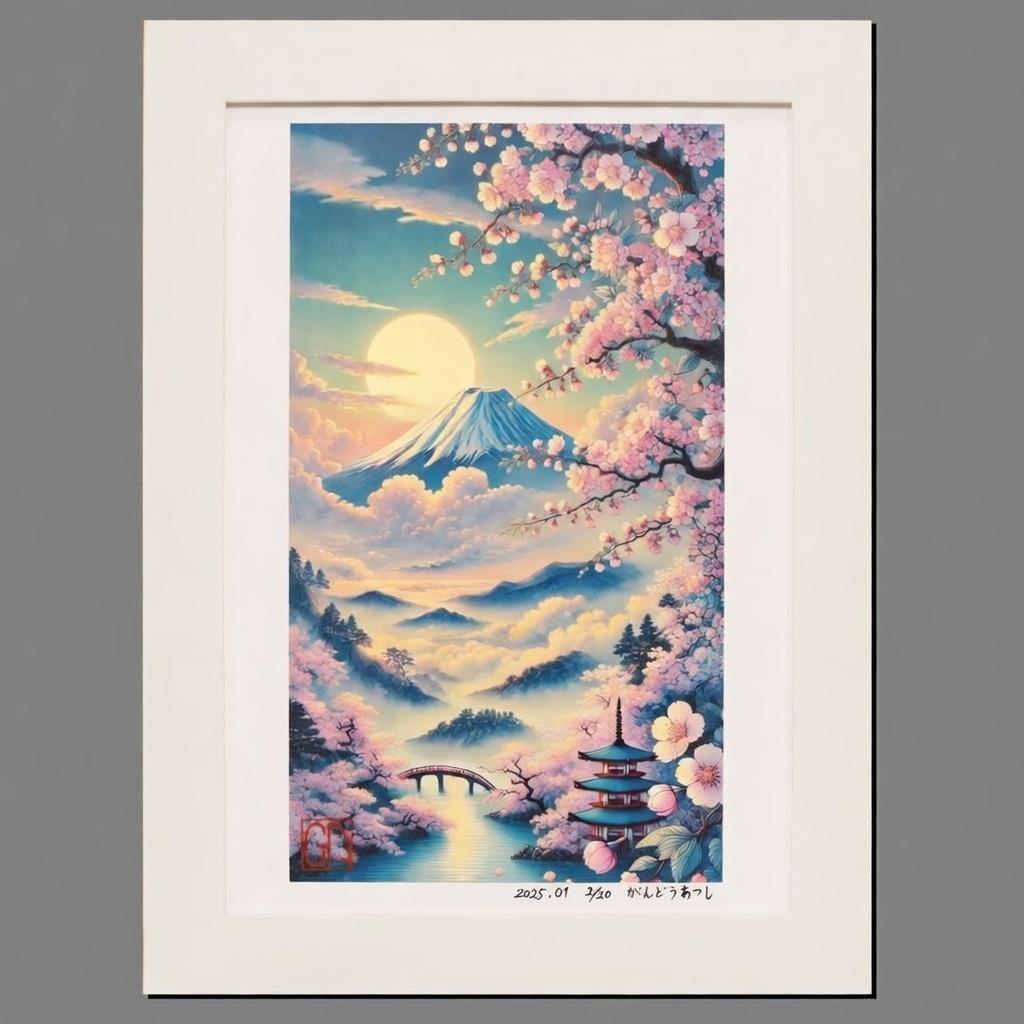 ●【1年経って見えてきたAIアート】桜富士山日本20枚限定A4額●がんどうあつし