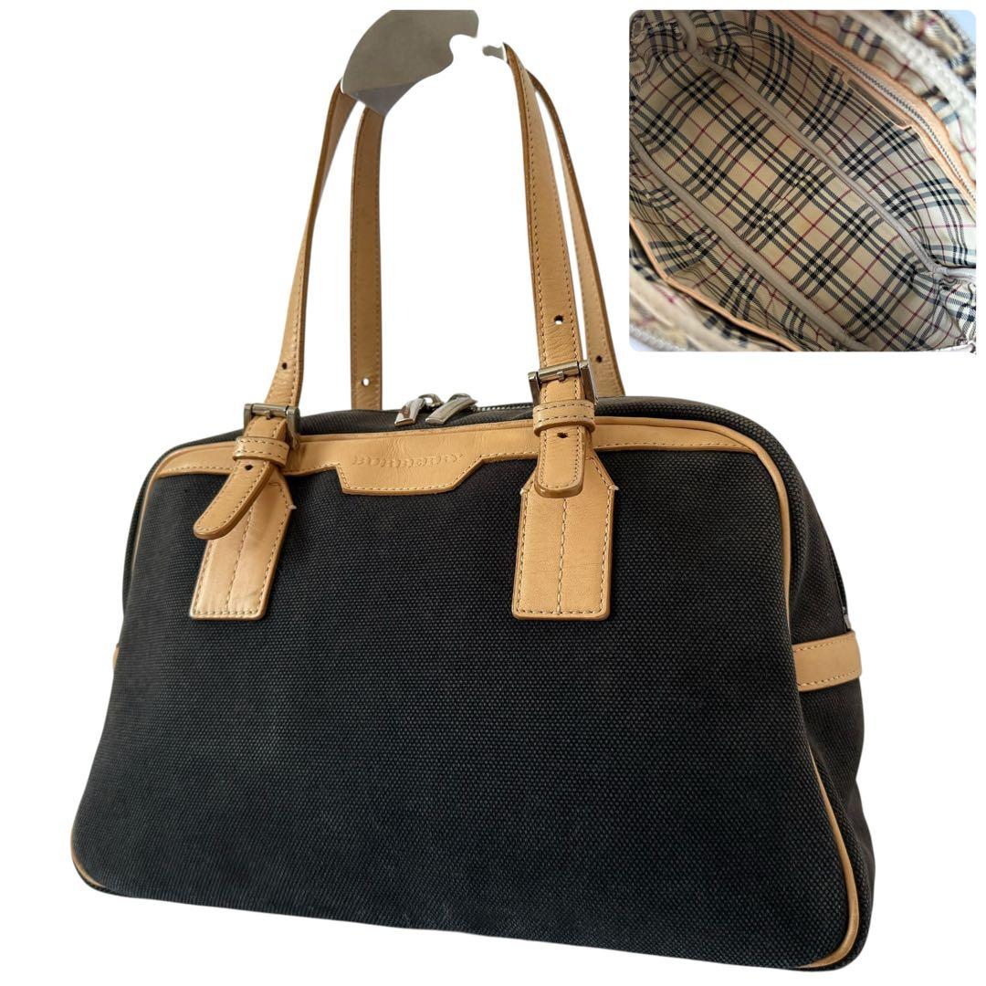 バーバリー 内側ノバチェック ミニボストンバッグ 肩掛け キャンバス ネイビー