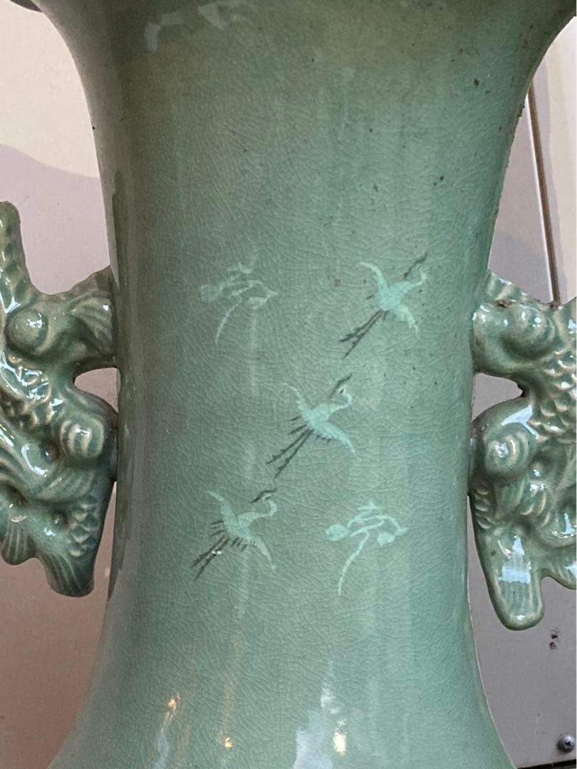 青山作 特大壺 青磁 透かし 雲鶴紋 二層網目 訳あり 花瓶 網目彫 緑色