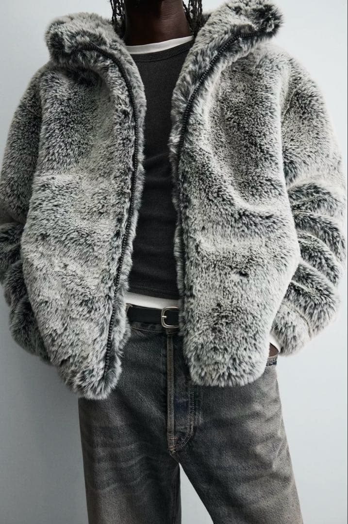 ZARA フェイクファー フーディジャケット グレーグリーン XLサイズ