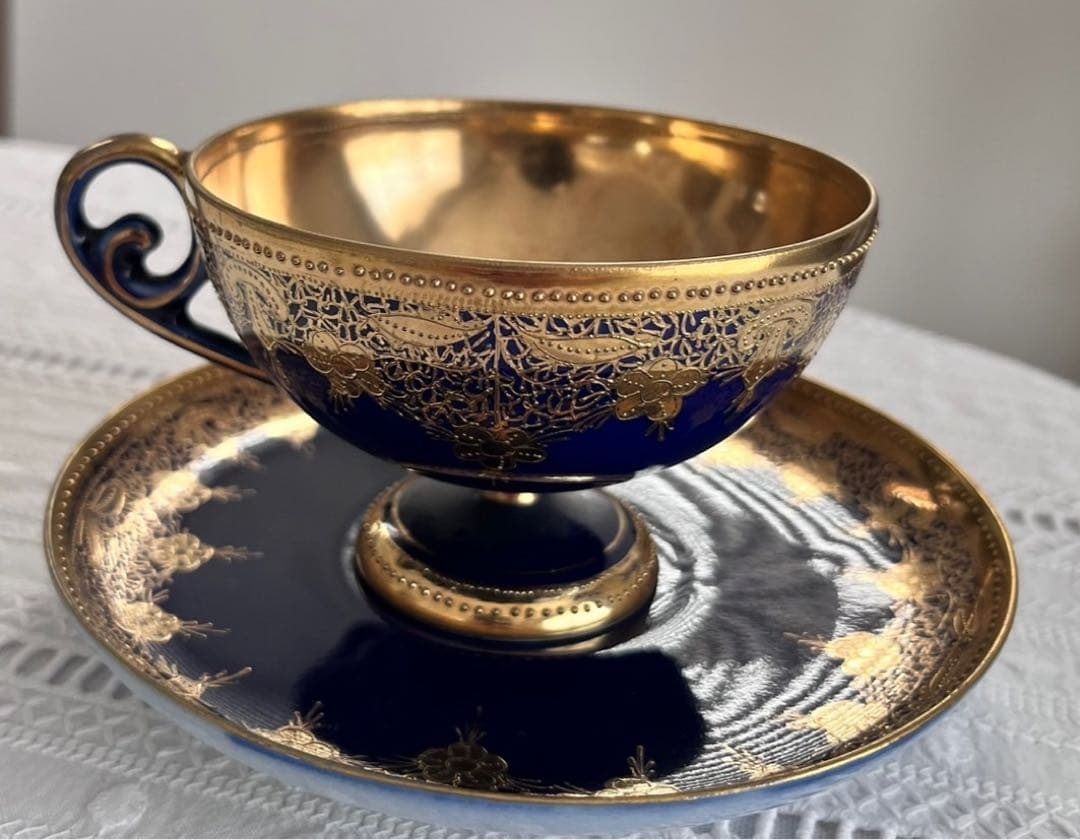 オールドノリタケ 金盛藍線帯華装飾紋 メイプルリーフ印 ペディスタル