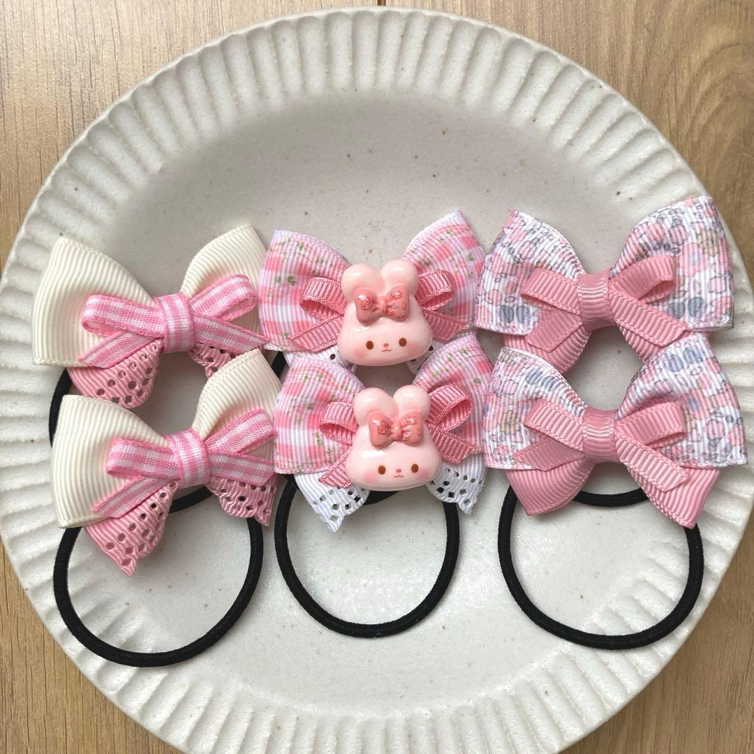 ハンドメイド キッズ リボン ヘアゴム セット ＊ピンクガーリーうさぎ