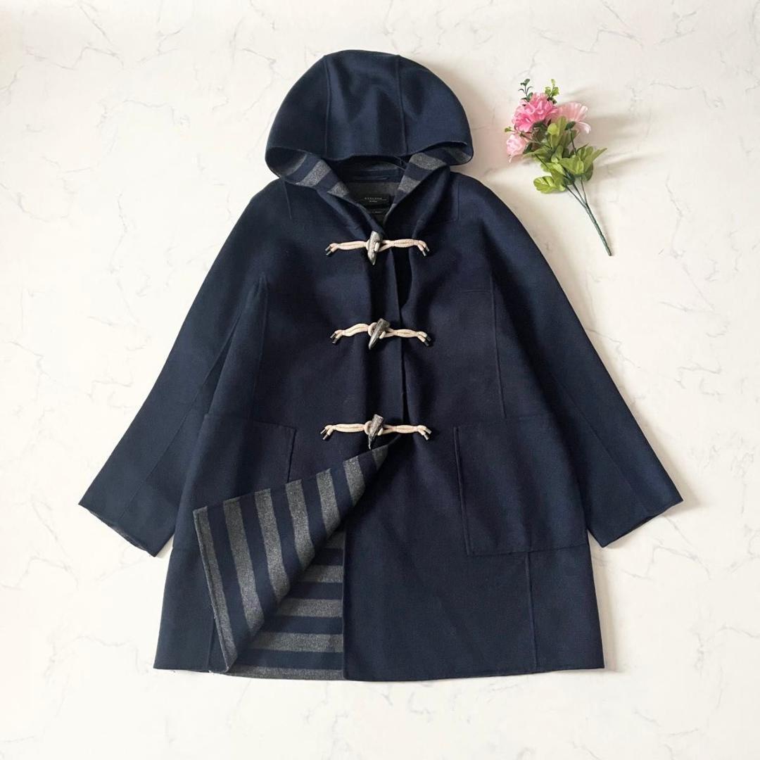 【美品】マックスマーラ クチートアマーノ ダッフルコート 内側ストライプ 紺 L