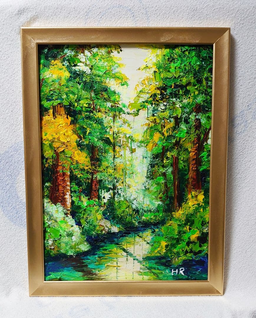 油絵 絵画 【森の湖】【Ａ3】