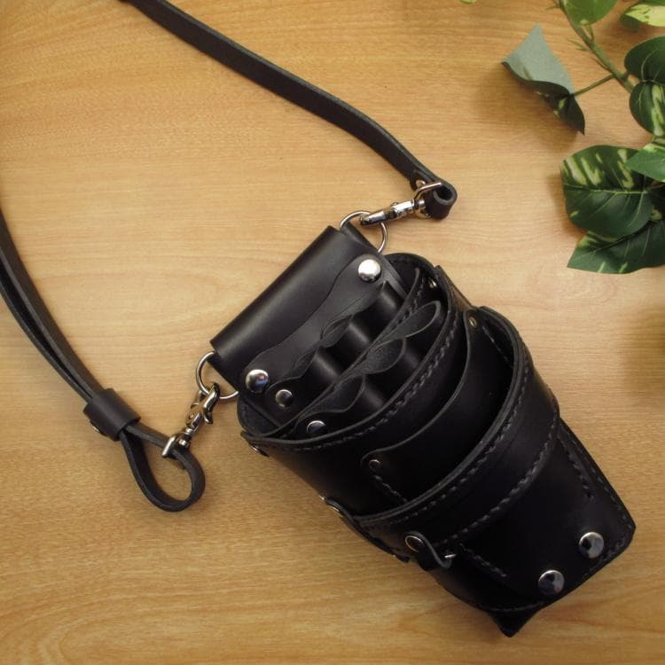 オールブラック　６丁差し　革ベルト付　本革シザーケース　SCL-100/CKB