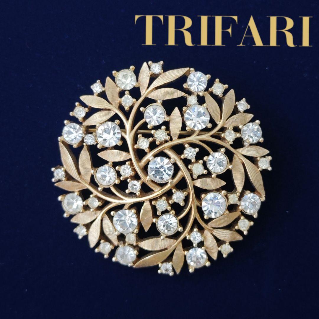ヴィンテージtrifari ラインストーンボタニカルブローチ　ゴールド トリファリ ヴィンテージブローチ #103 | アンティーク・ヴィンテージ