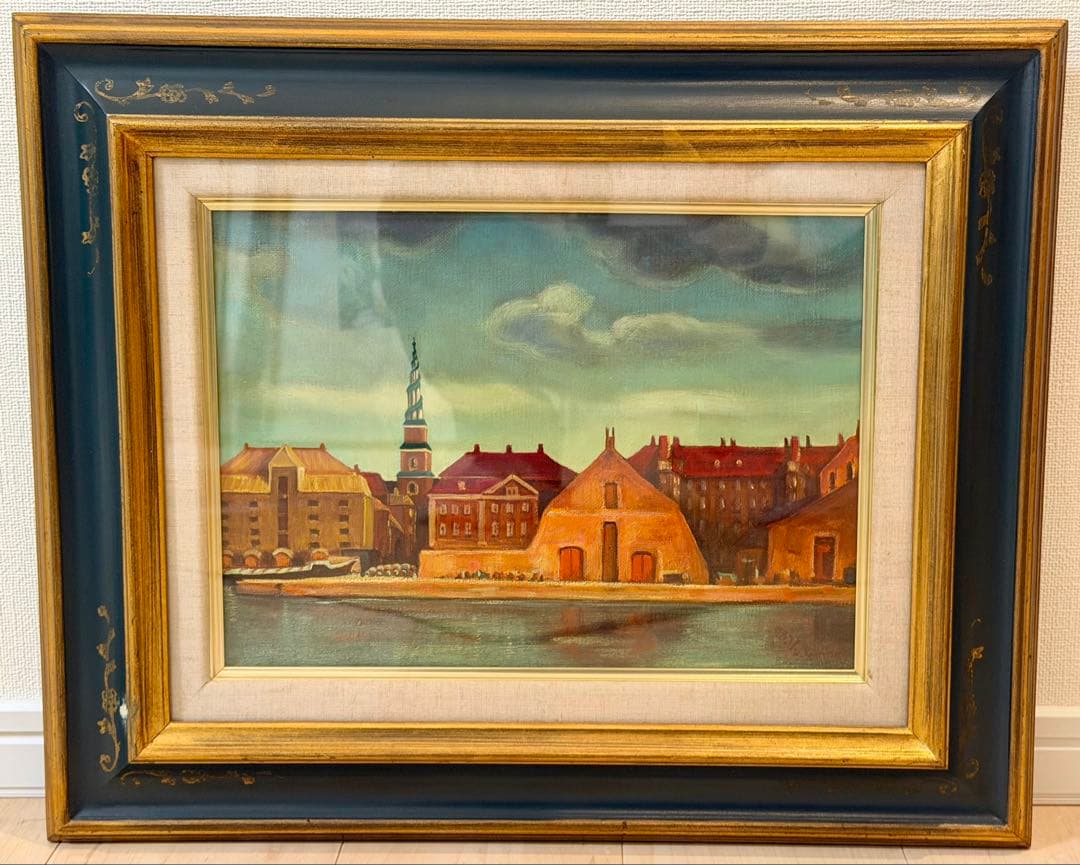 出店久夫「運河風景」油彩 原画 風景画 額装 #208-2 絵画 油絵 運河のある街（アムステルダム） （黒沢久） 【肉筆】【油絵