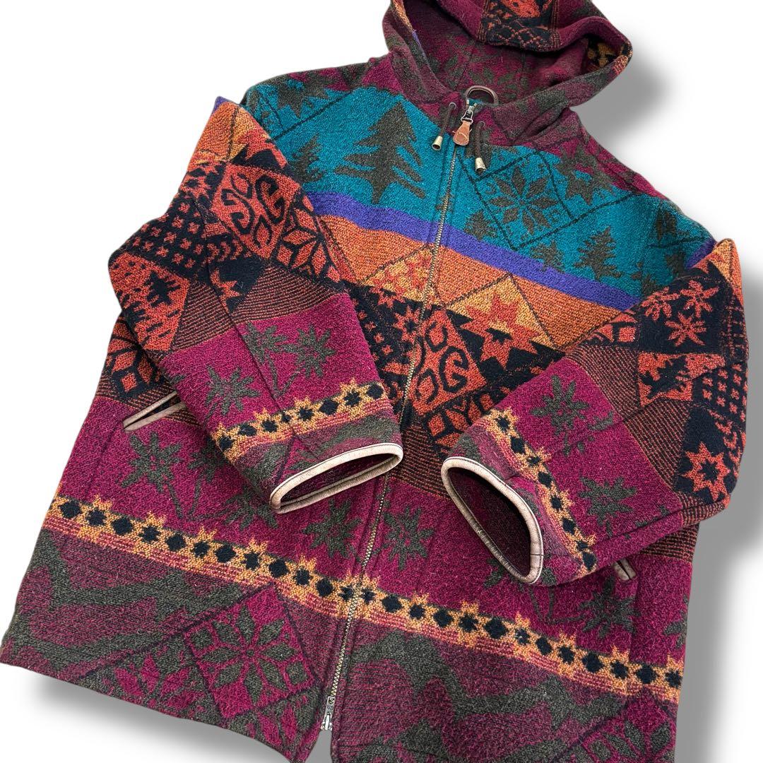 【名作】90s L.L.Bean ネイティブ柄 ウールジャケット フード付 L