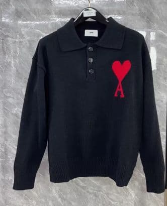 AMI PARIS ブラック ハート刺繍 ポロニット L AMI PARISトブラックーポロニット ハート刺繍 L23 - メルカリ