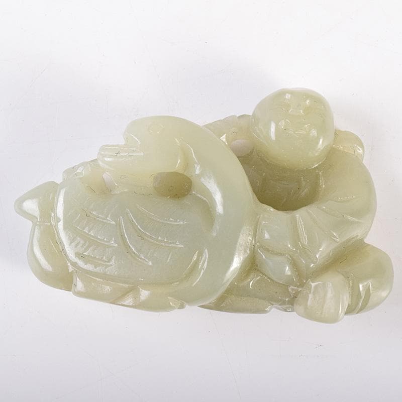中国　玉石彫刻　人物白鳥刻　根付　置物　C　7887E