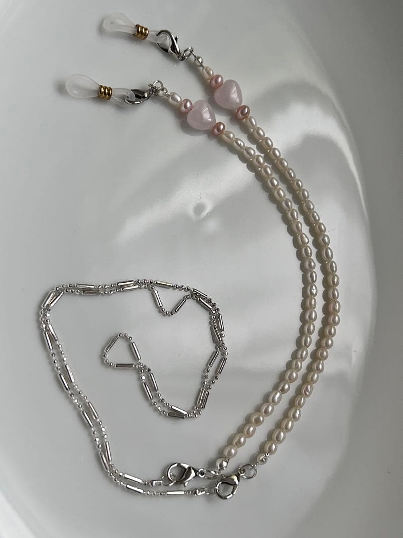 淡水パール　天然石　ローズクォーツ　ハート　メガネ　マスクチェーン