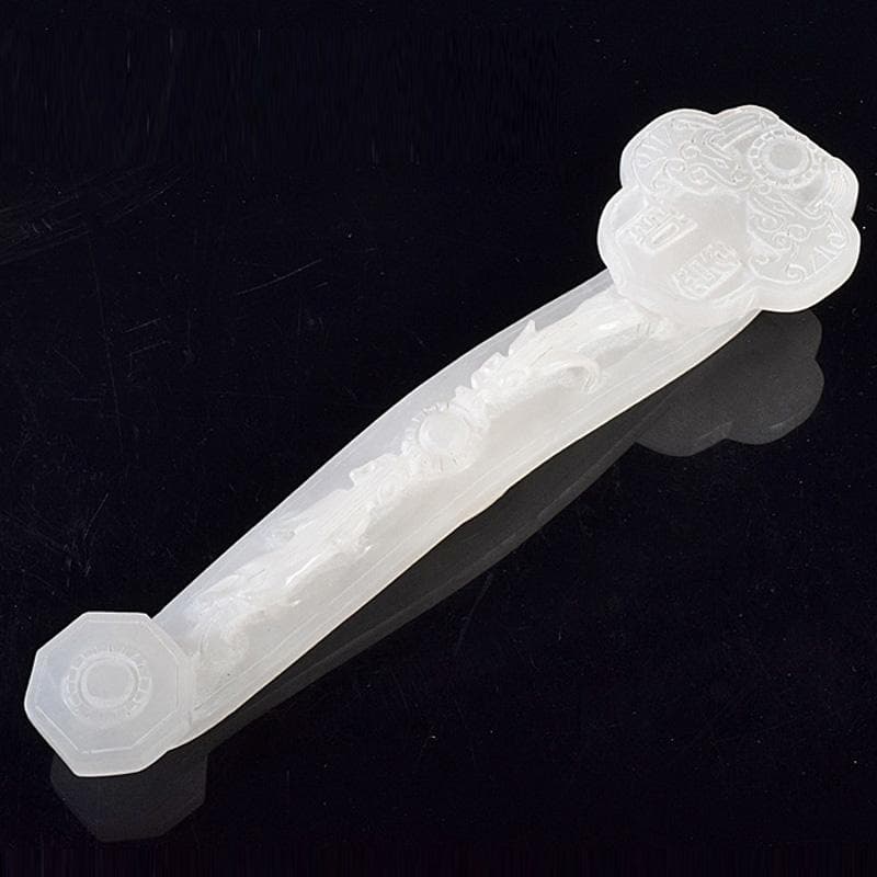 中国　玉石白玉彫刻　神獣刻　如意　M　R8033