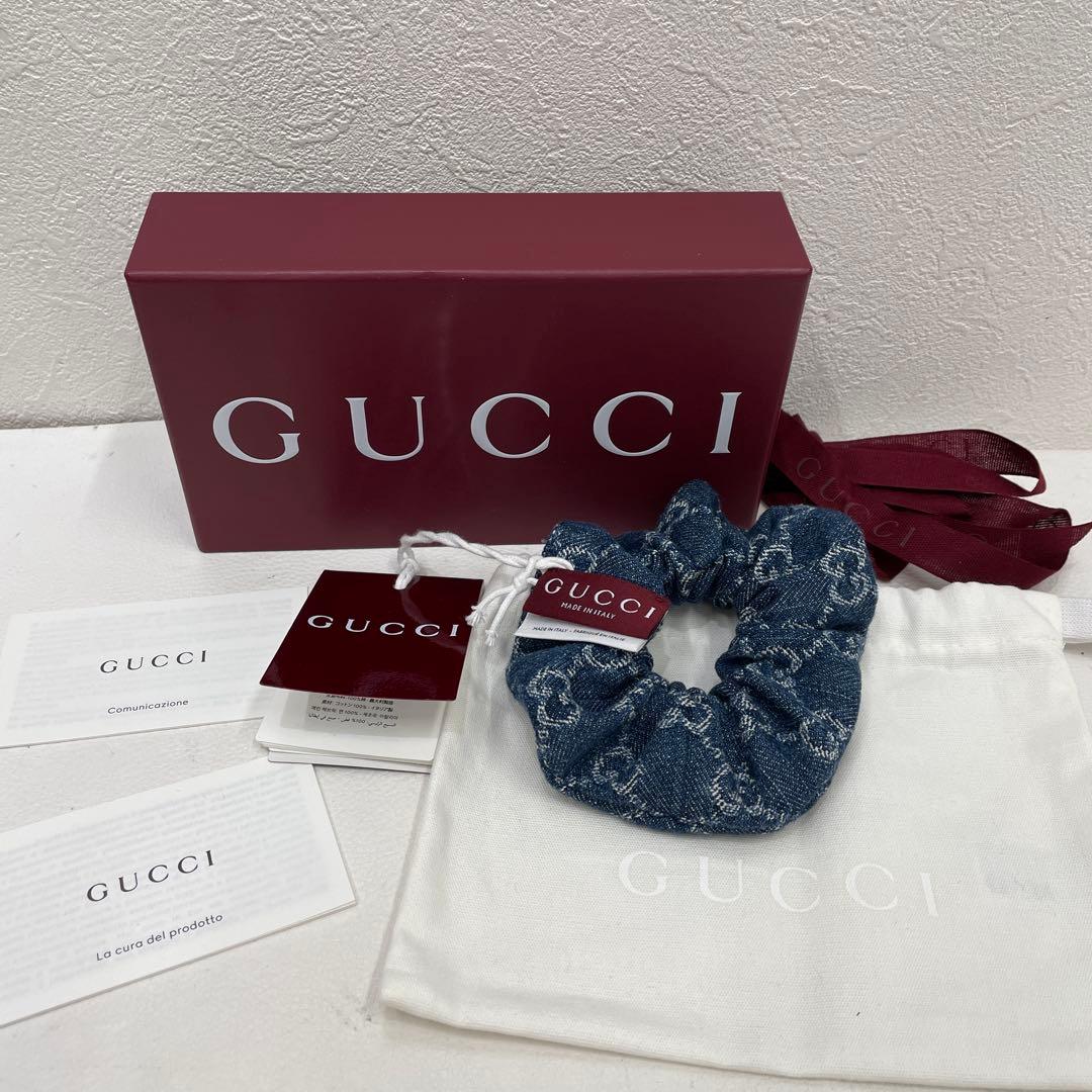 ○277 GUCCI グッチ　デニム　シュシュ　GG ロゴ　ヘアゴム　タグ付き