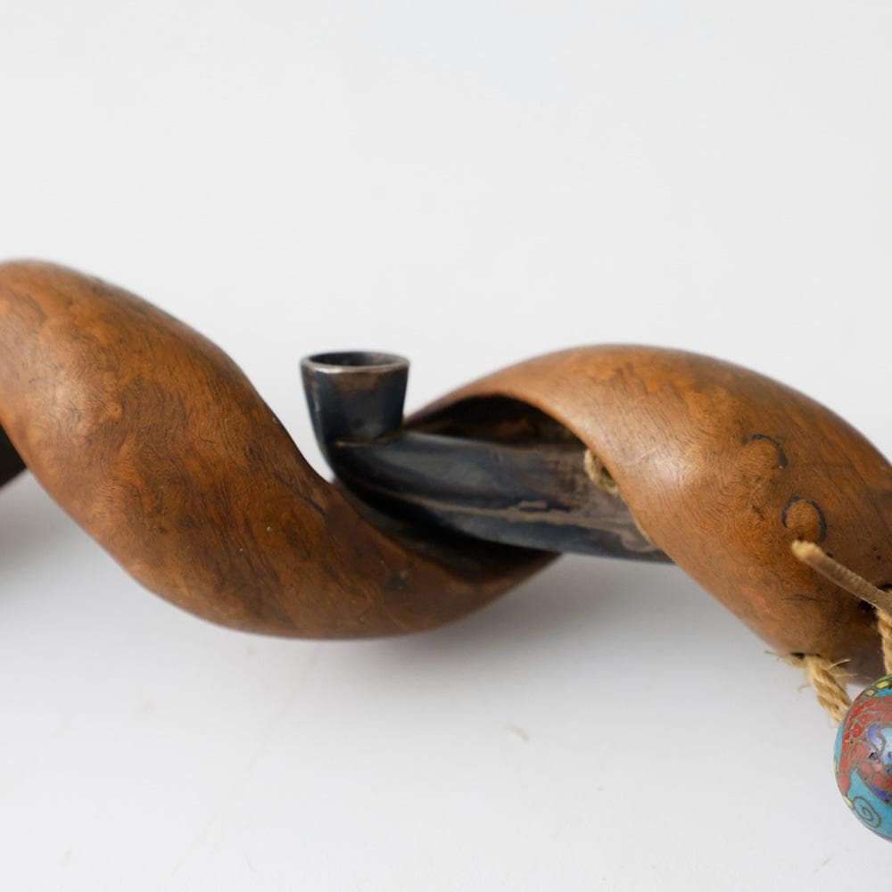 時代 提げ物 塊木瘤木 煙草入れ 螺旋捻り上げ煙管筒 龍図七宝緒締 煙管