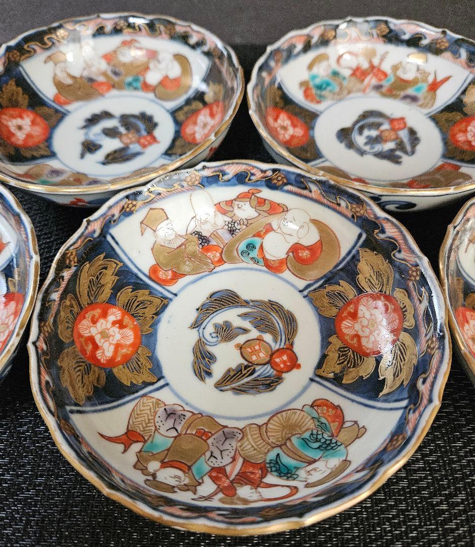 上作珍品❗】江戸時代後期 古伊万里 金彩色絵 七福神に花の図 輪花小皿