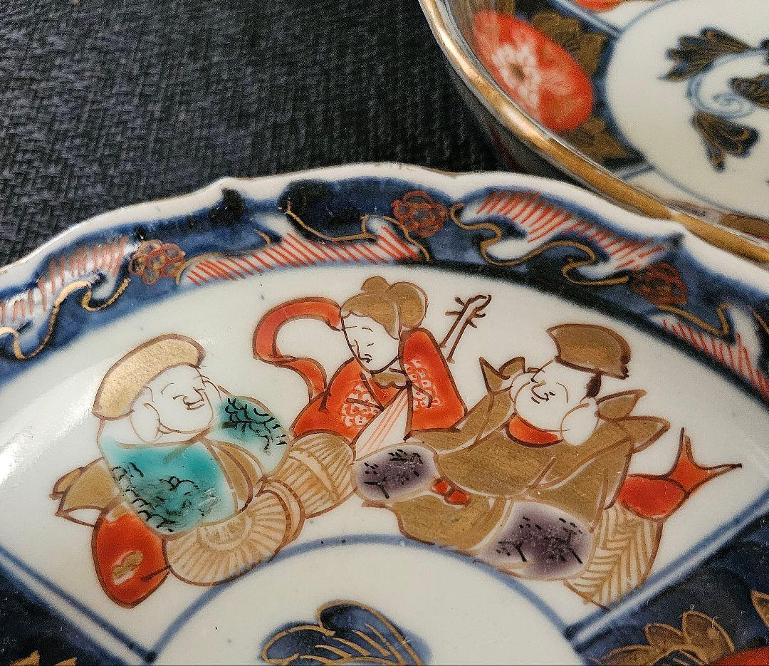上作珍品❗】江戸時代後期 古伊万里 金彩色絵 七福神に花の図 輪花小皿