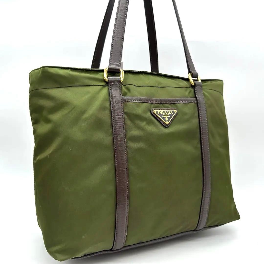 【美品】プラダ トートバッグ ナイロン グリーン 三角ロゴ