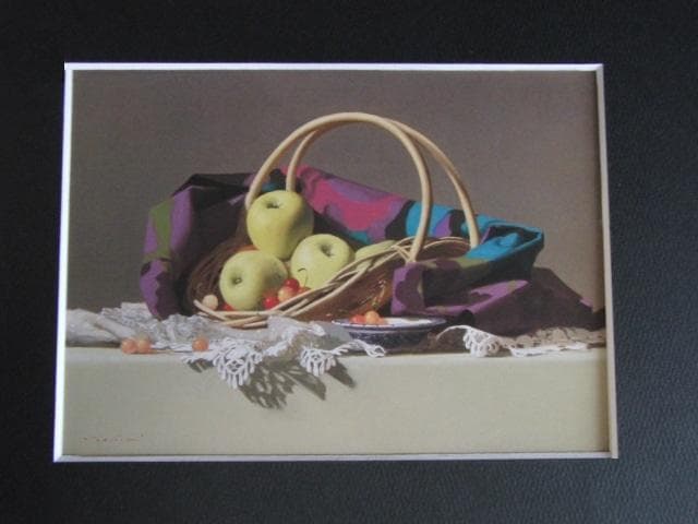 高梨芳実、【青いリンゴ】、希少な額装用画集画、新品高級額 額装付、状態良好