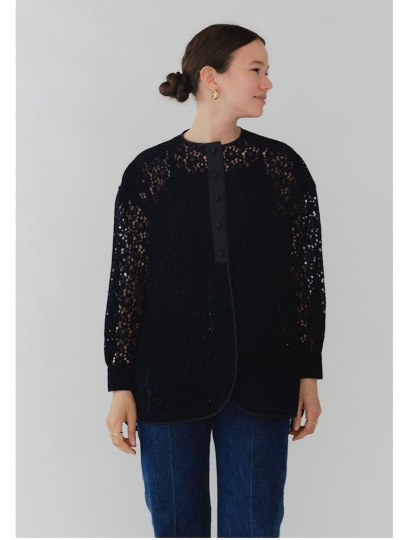 完売品✨yori フロッキーレースシャツ　ネイビー　Fサイズ 2025AW ONCILY（オンシェリー） シャツ FLOCKY LACE SHEER SHIRT / フロッキー