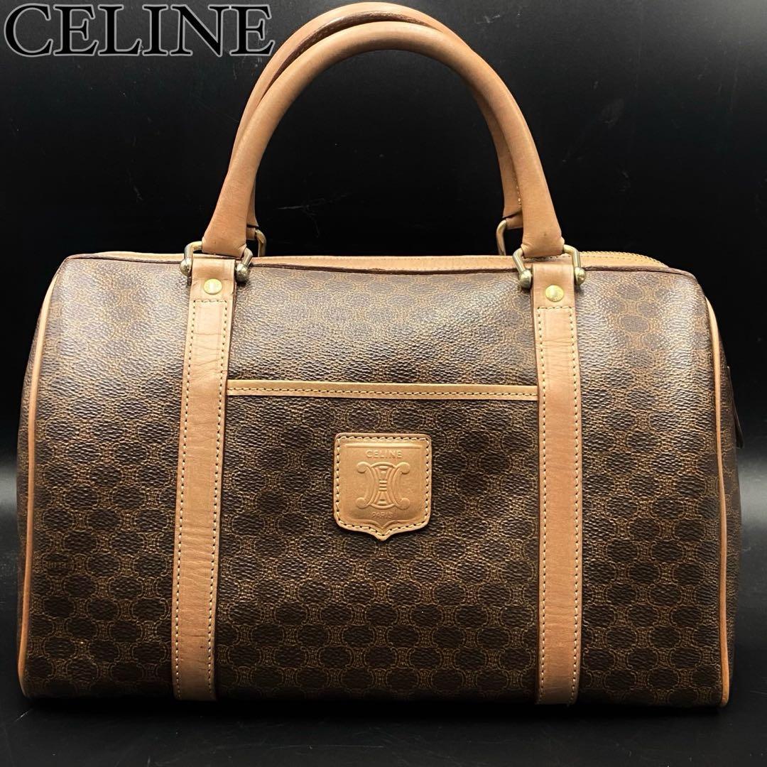 【美品】セリーヌ トリオンフ マカダム柄 ミニボストン ベージュ PVC