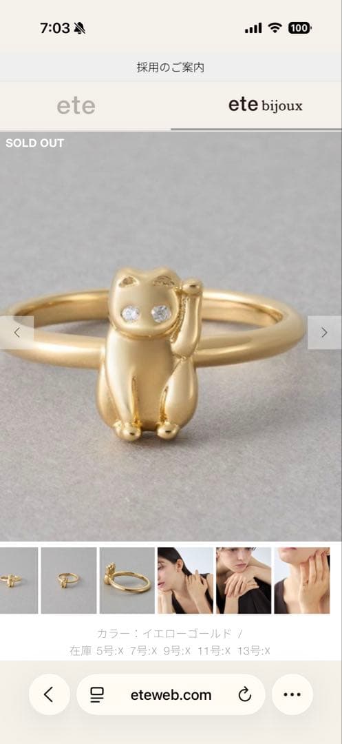 再値下！【新品】ete [ハッピーカムカム] ビジュー ネコチャン リング11号