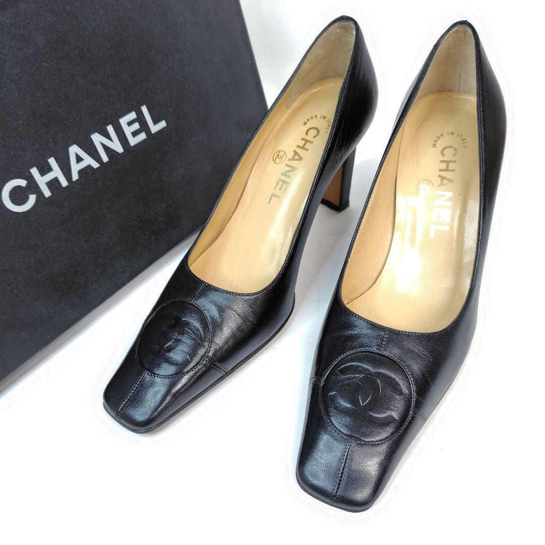 ★美品★シャネル パンプス 36C ココマーク エンボス スクエア レザー