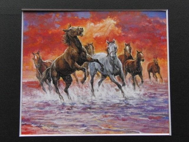 白崎明、【斜光走駒】、希少な大判額装用画集より、美品、日本人画家、新品額装付