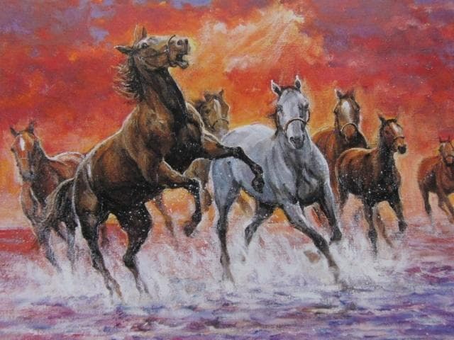 白崎明、【斜光走駒】、希少な大判額装用画集より、美品、日本人画家、新品額装付