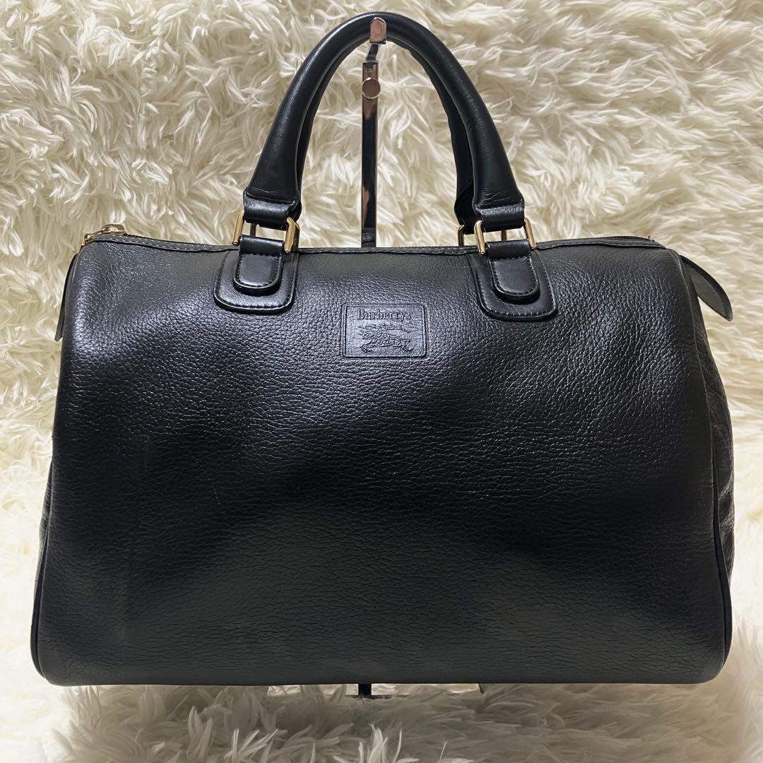 バーバリー ミニボストンバッグ ハンドバッグ ノバチェック レザー シボ革 黒