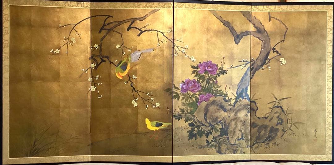 四つ折り屏風　日本画　金箔彩色　白梅に金鶏鳥
