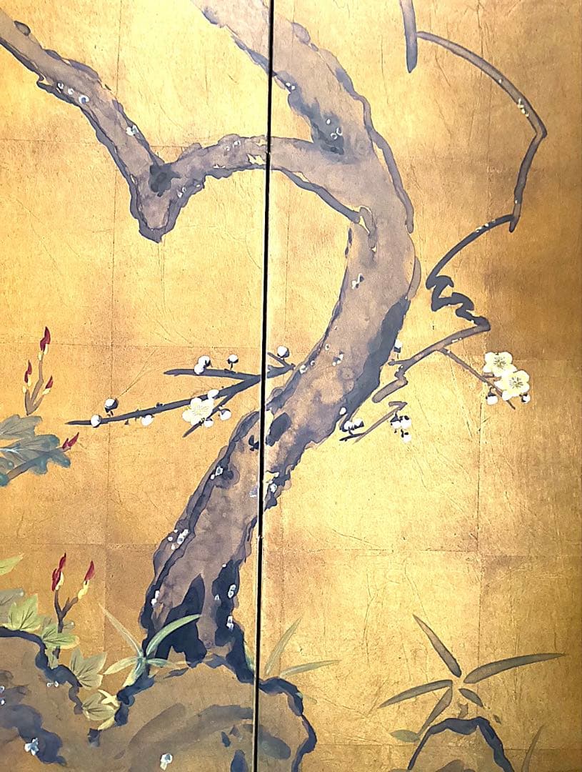 四つ折り屏風 日本画 金箔彩色 白梅に金鶏鳥 - メルカリ