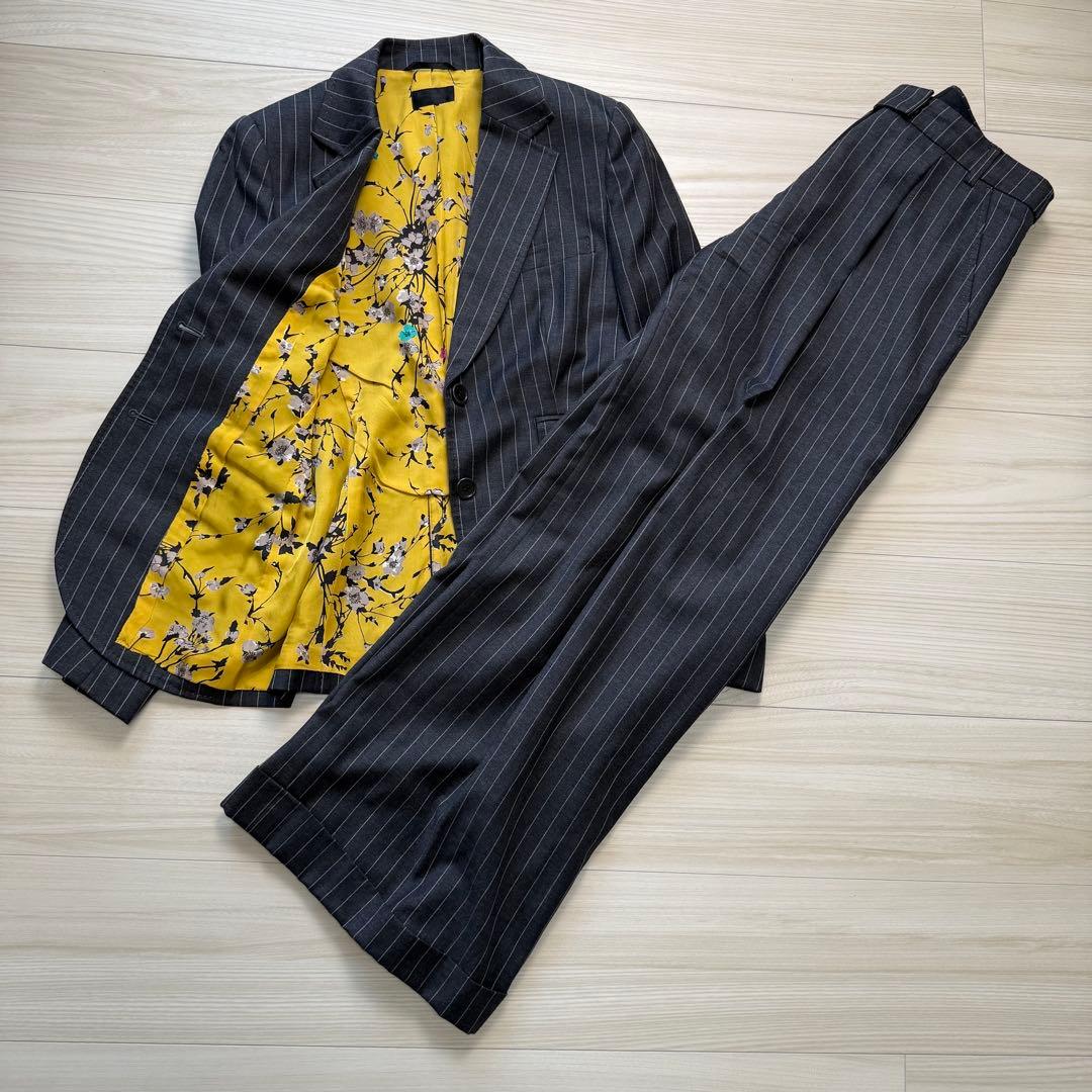 【美品】 ポールスミス ブラック パンツスーツ ストライプ 裏地花柄 総裏 2B