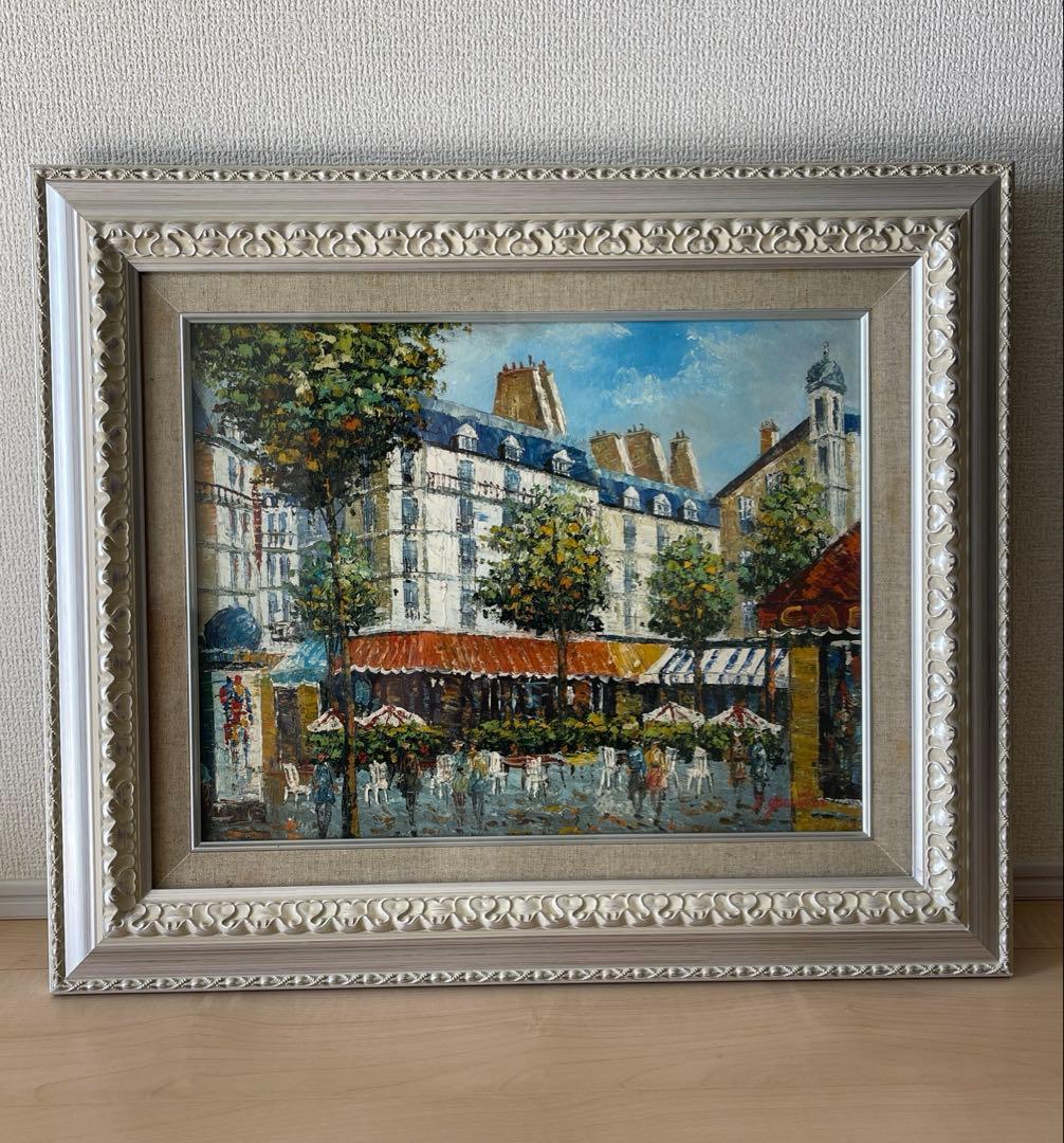 フランス　パリ　カフェ　街並みの風景　手書き油絵 額縁付き 風景画 パリ 油絵「街角のカフェ」 | iichi 日々の暮らしを心地よく