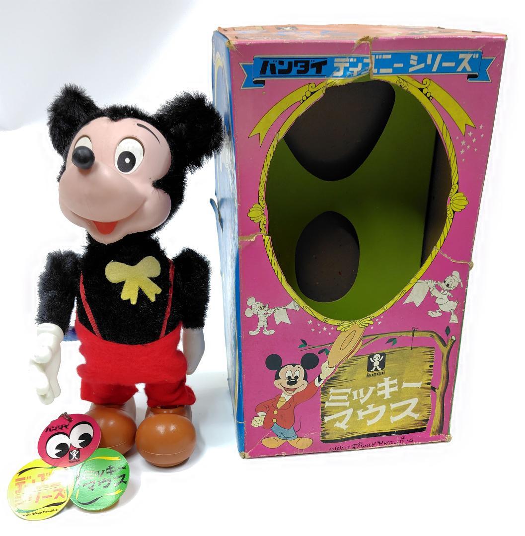 【極稀少】箱付 完動品 バンダイ ミッキーマウス ゼンマイ歩行 70s 当時物