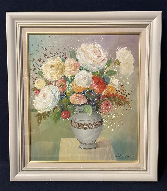 「真作」小宮山恒男「花」静物画　油彩画　額装　サイン有り　F10号